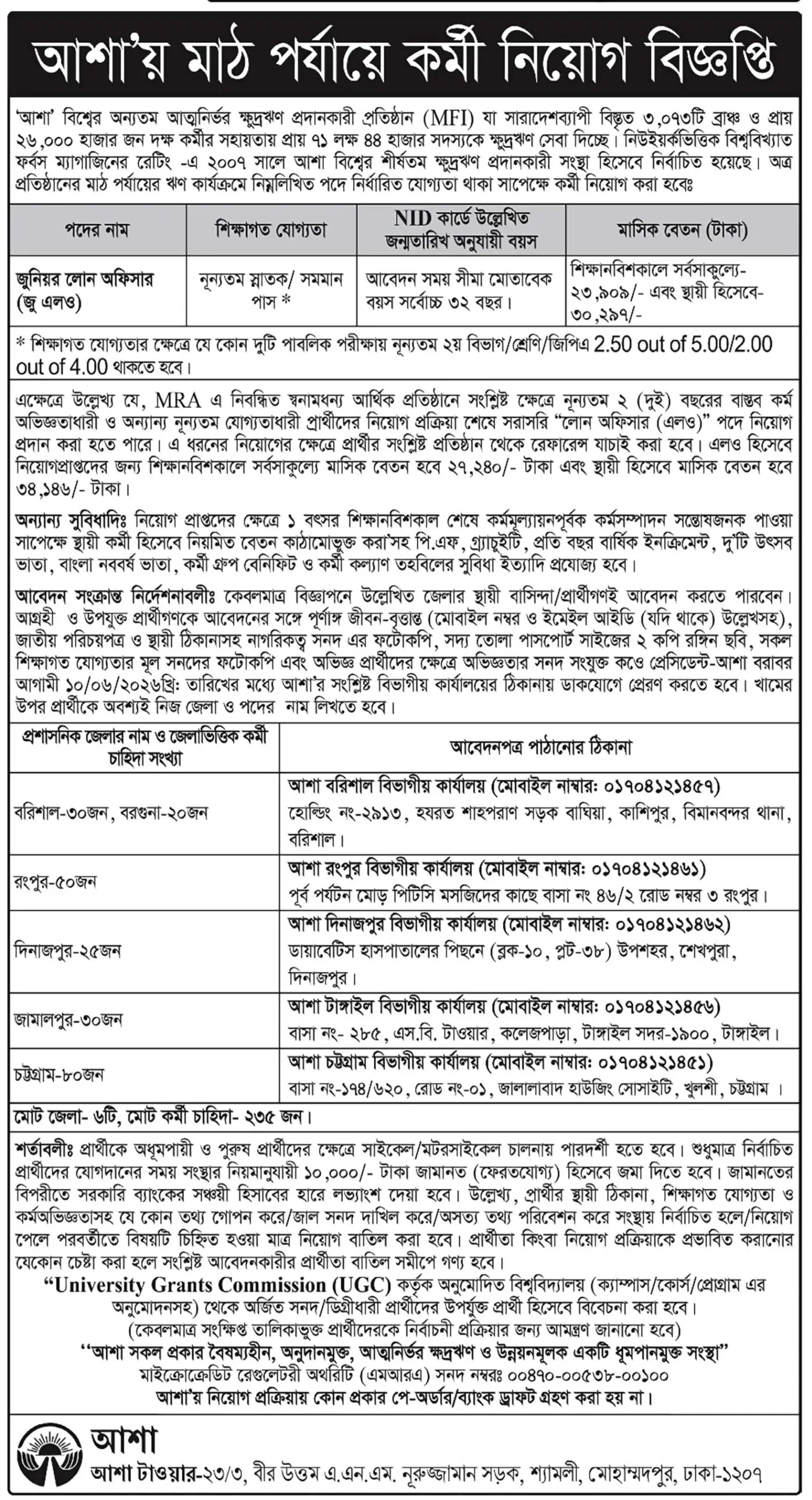 আশা এনজিও নিয়োগ বিজ্ঞপ্তি - Circular 1