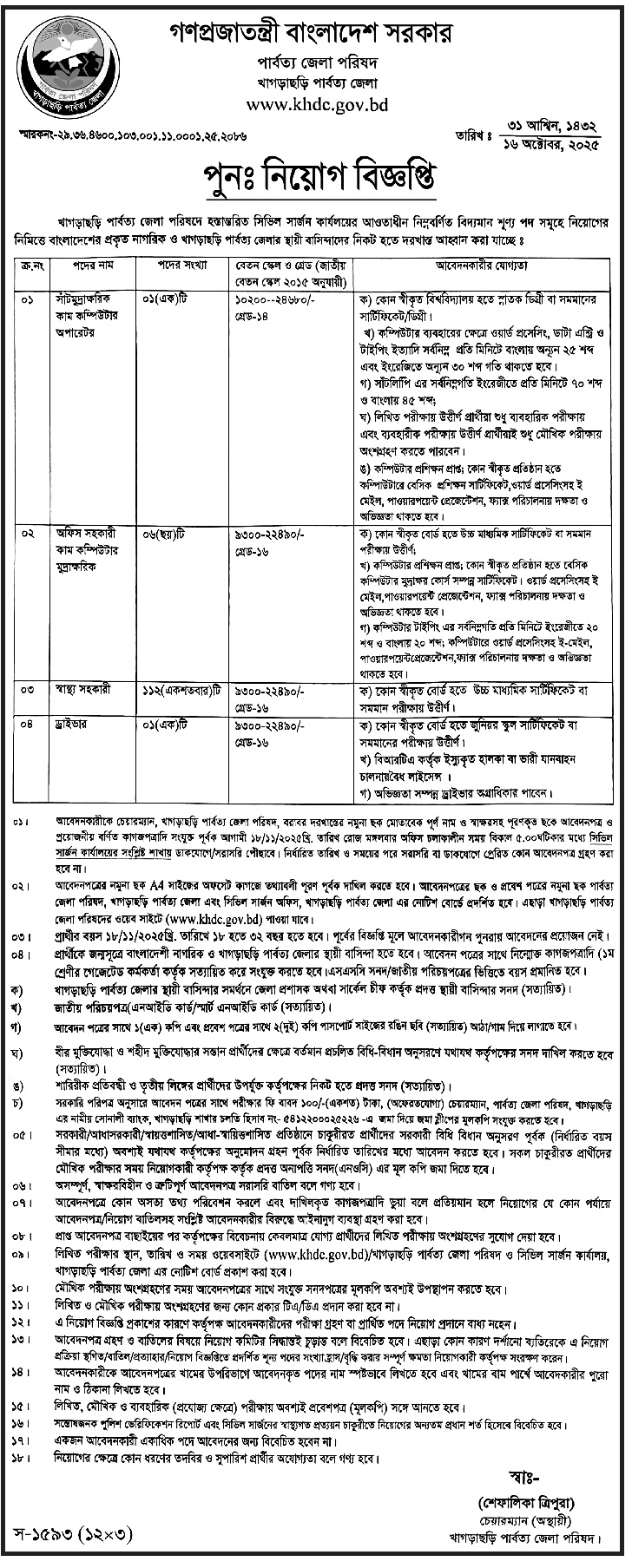 খাগড়াছড়ি পার্বত্য জেলা পরিষদ নিয়োগ বিজ্ঞপ্তি - Circular 1