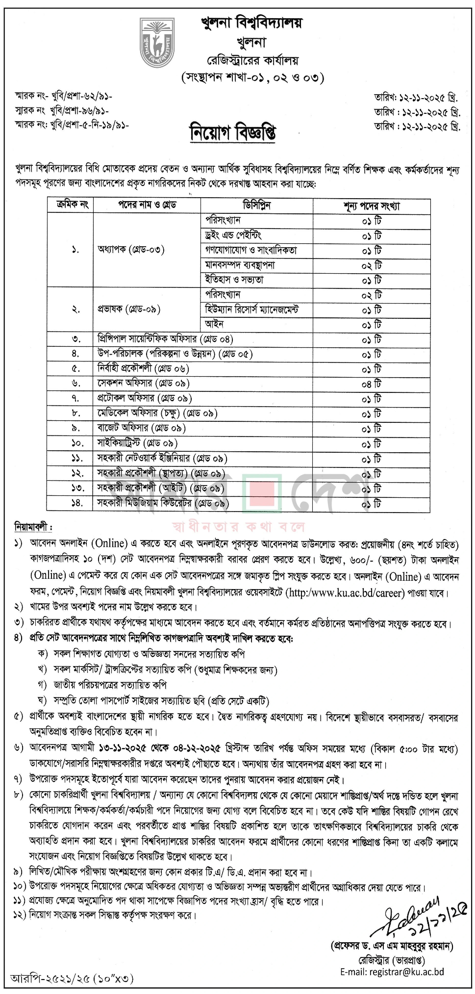 খুলনা বিশ্ববিদ্যালয় নিয়োগ বিজ্ঞপ্তি - Circular 1