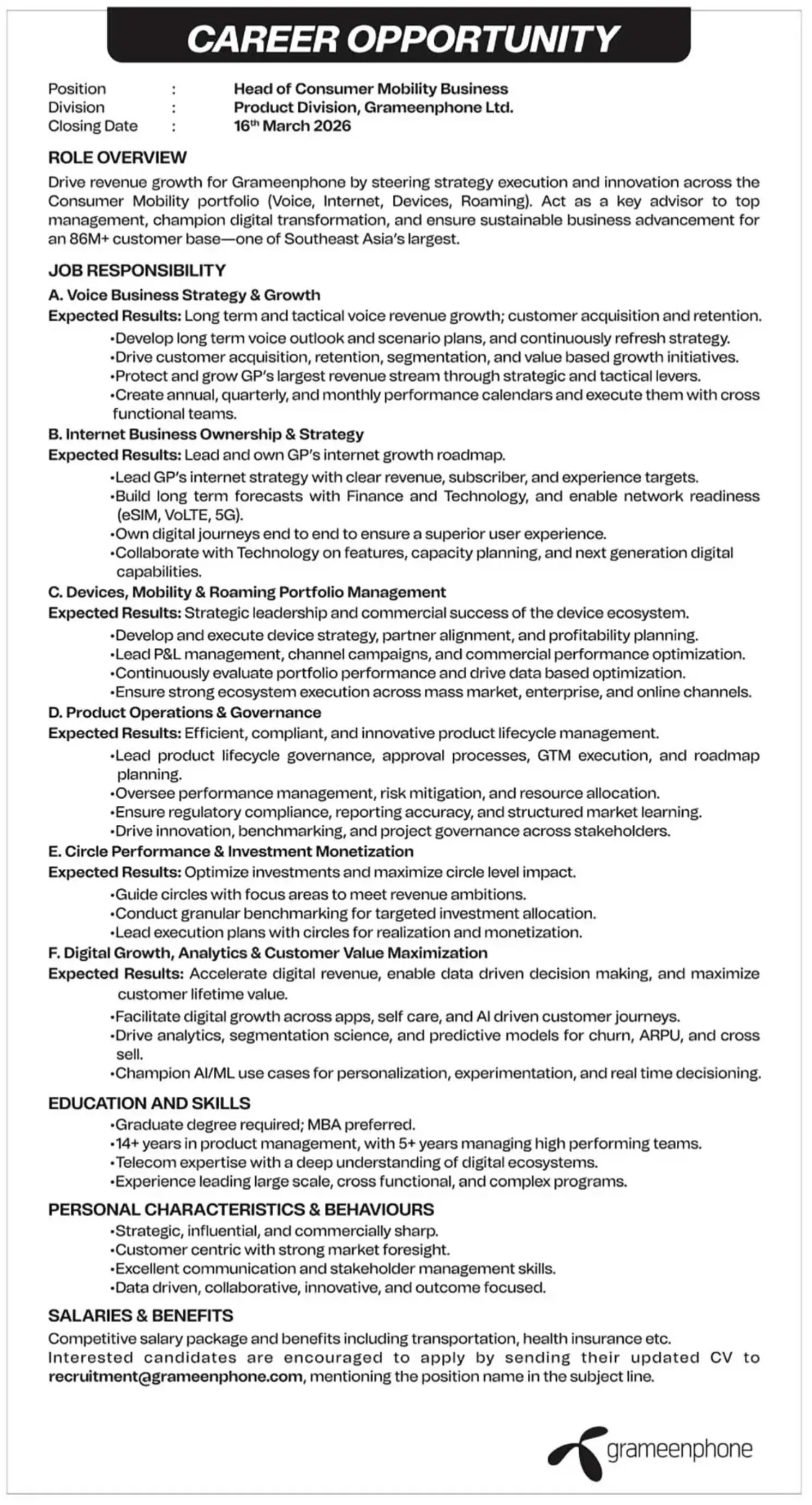 গ্রামীণফোন নিয়োগ বিজ্ঞপ্তি - Circular 1