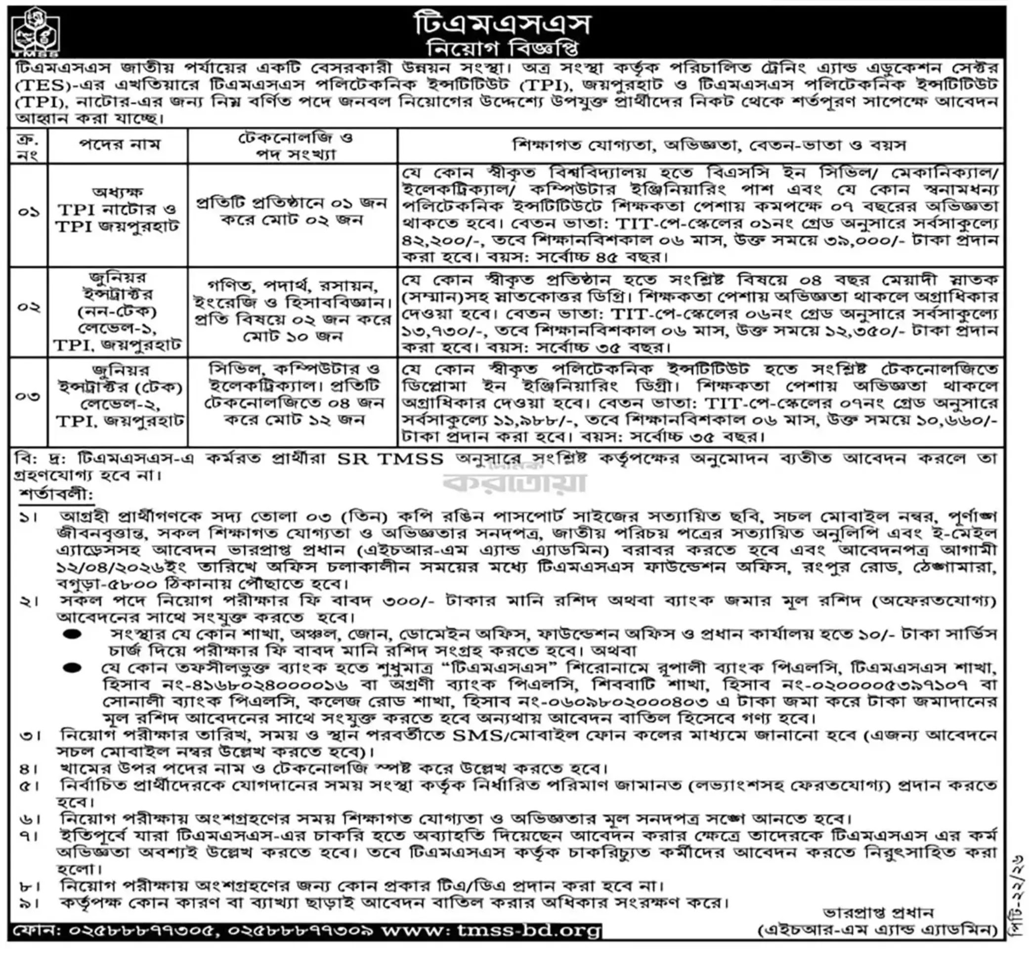 টিএমএসএস নিয়োগ বিজ্ঞপ্তি - Circular 1