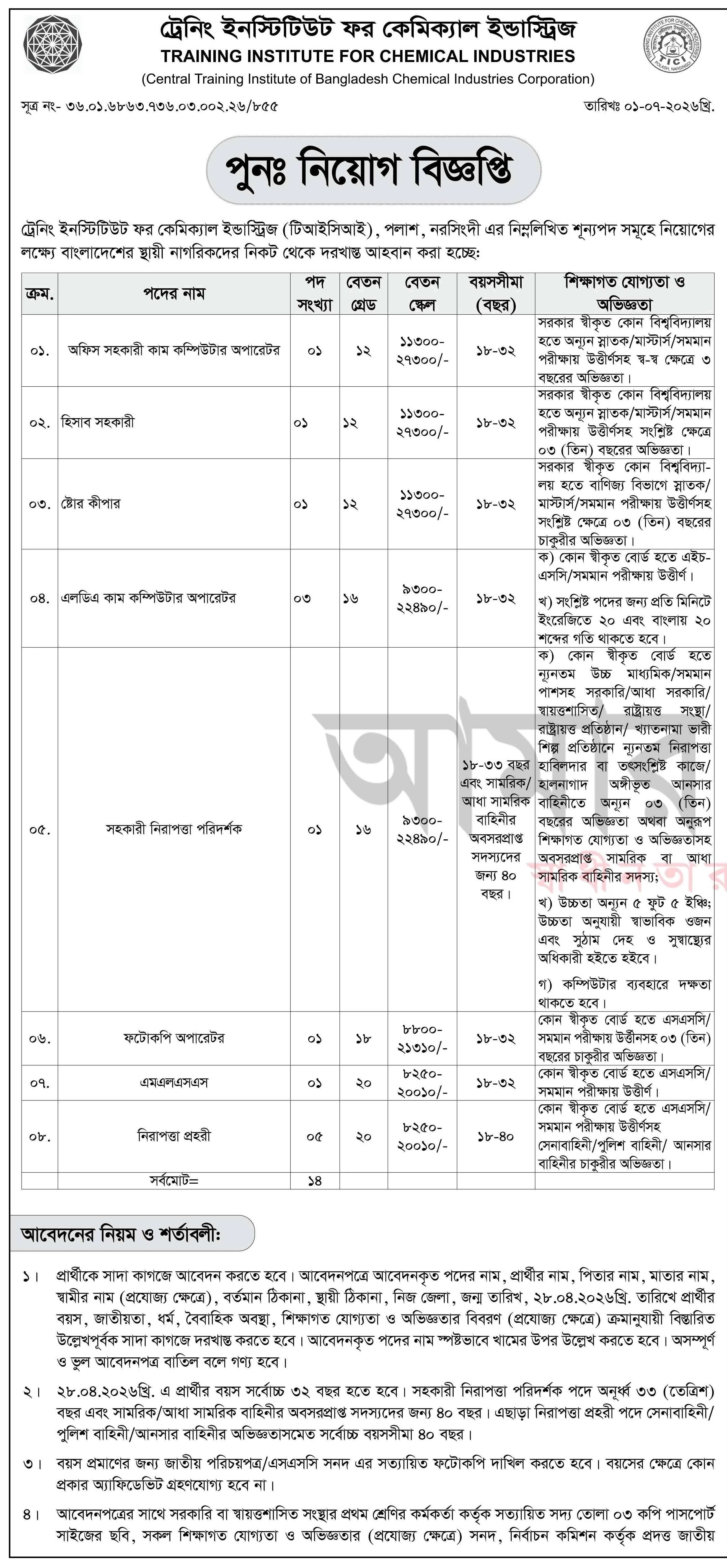 ট্রেনিং ইনস্টিটিউট ফর কেমিক্যাল ইন্ডাস্ট্রিজ নিয়োগ বিজ্ঞপ্তি - Circular 1