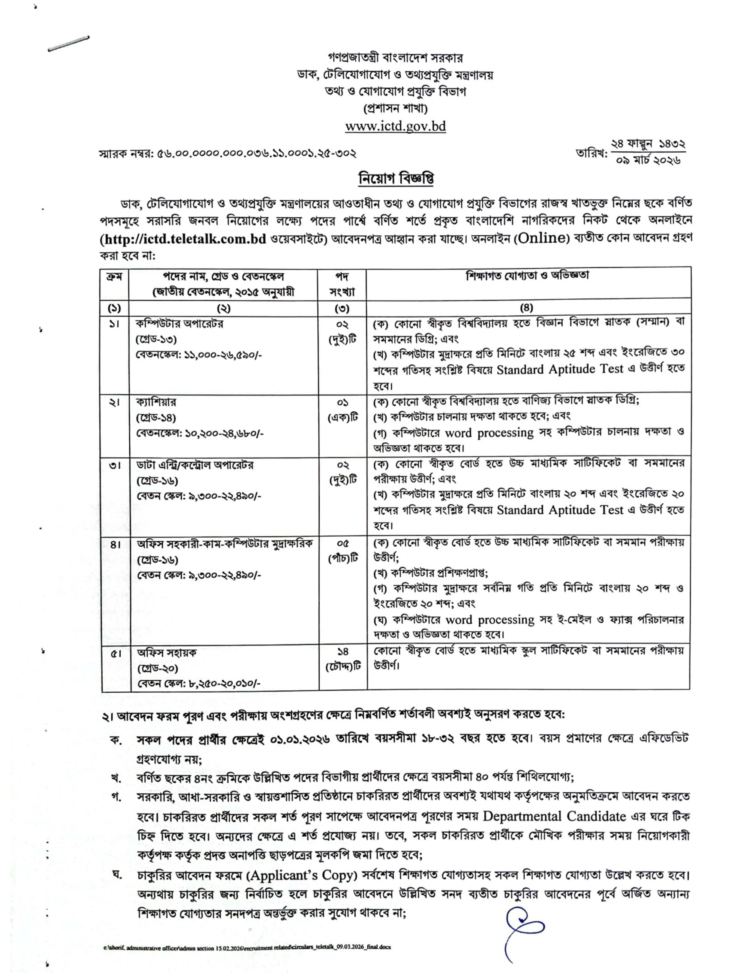 ডাক ও টেলিযোগাযোগ বিভাগ নিয়োগ বিজ্ঞপ্তি - Circular 1