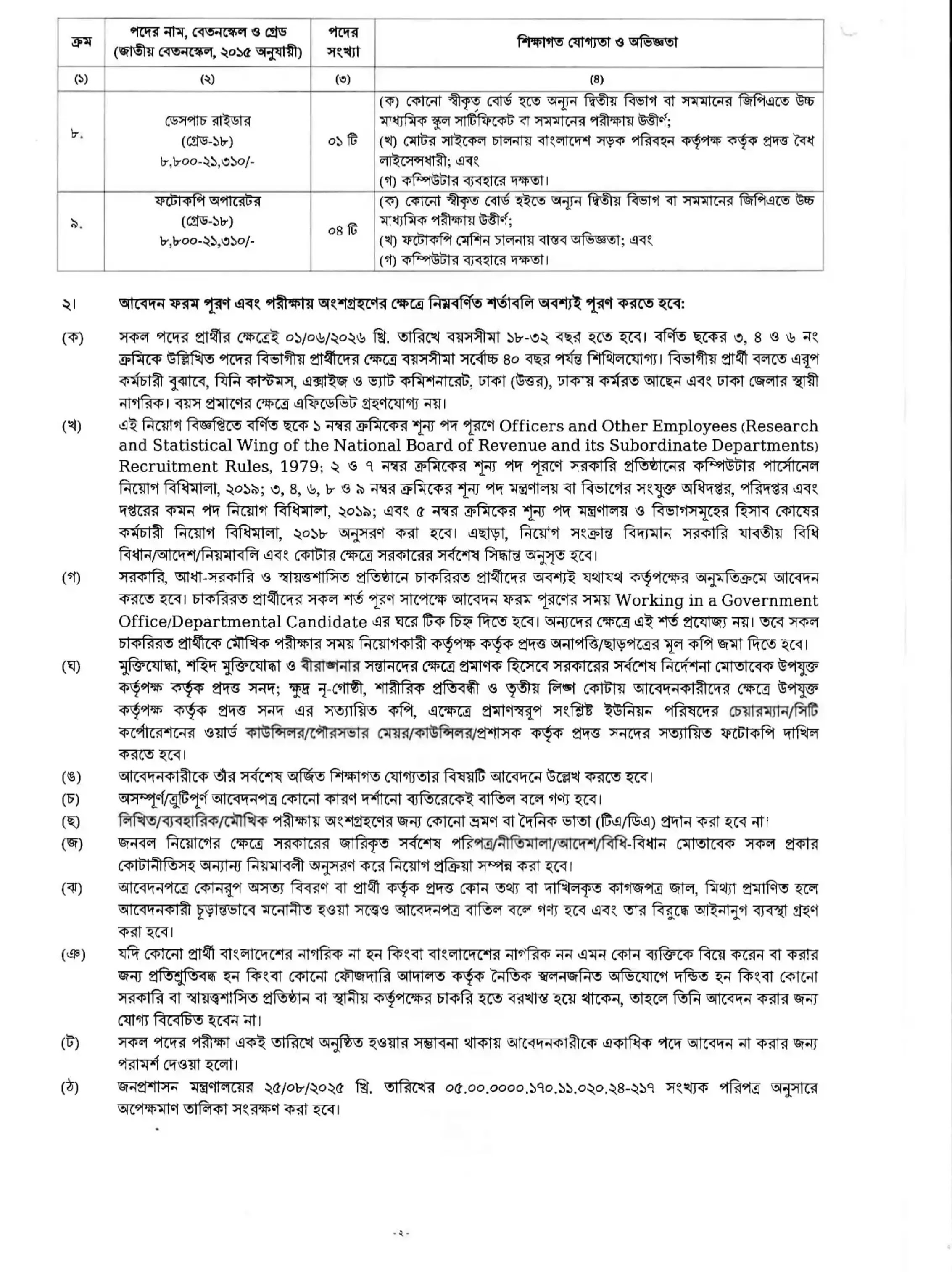 ঢাকা কাস্টমস এক্সাইজ ভ্যাট কমিশনারেট নিয়োগ বিজ্ঞপ্তি - Circular 2