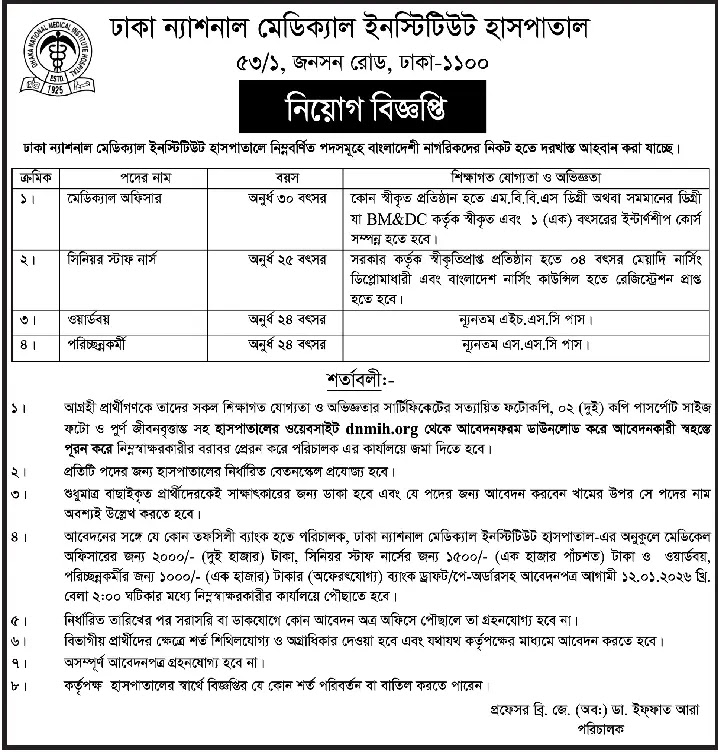 ঢাকা ন্যাশনাল মেডিকেল ইনস্টিটিউট হাসপাতাল নিয়োগ বিজ্ঞপ্তি - Circular 1