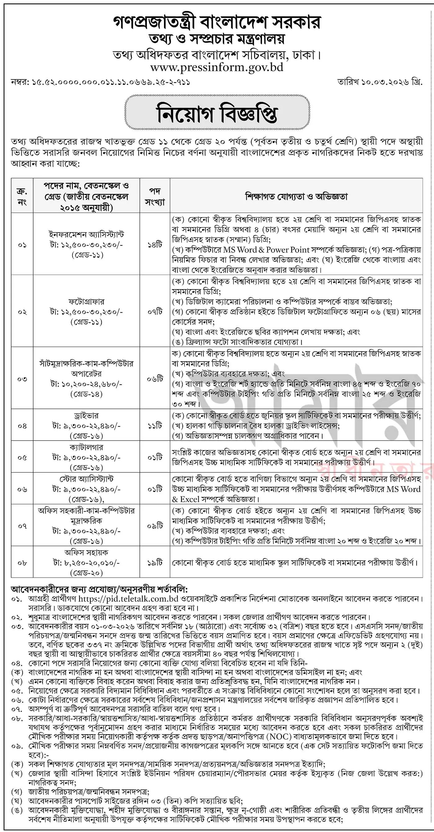 তথ্য অধিদফতর (পিআইডি) নিয়োগ বিজ্ঞপ্তি - Circular 1