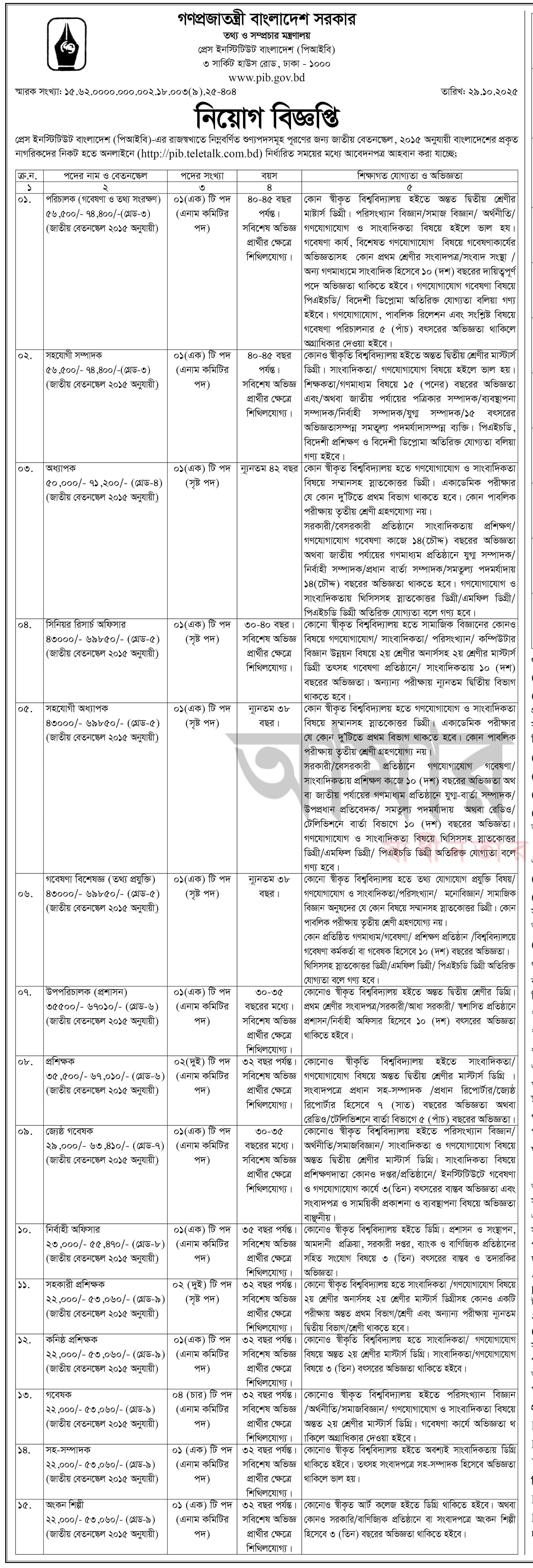 তথ্য ও সম্প্রচার মন্ত্রণালয় নিয়োগ বিজ্ঞপ্তি - Circular 1
