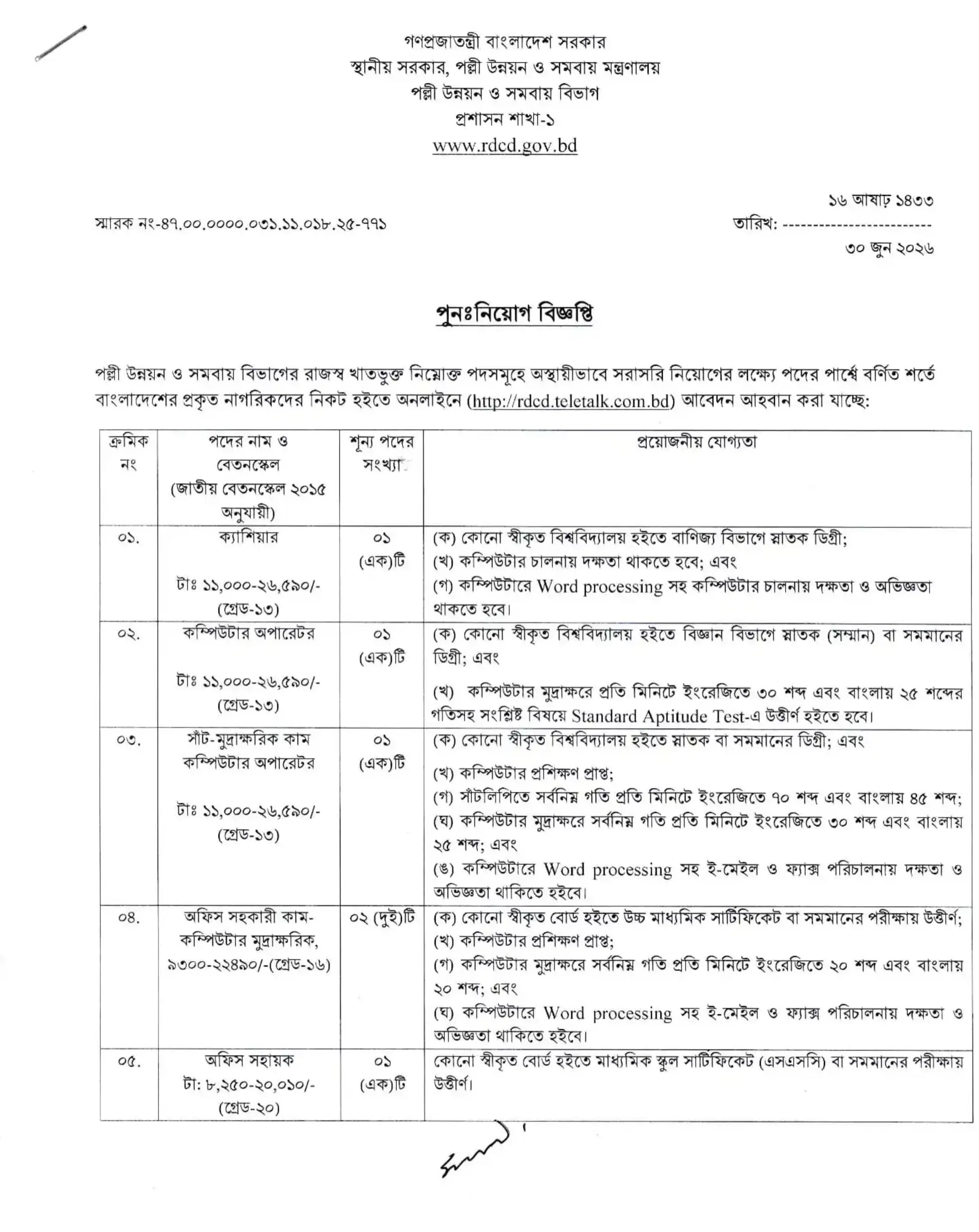 পল্লী উন্নয়ন ও সমবায় বিভাগ নিয়োগ বিজ্ঞপ্তি - Circular 1