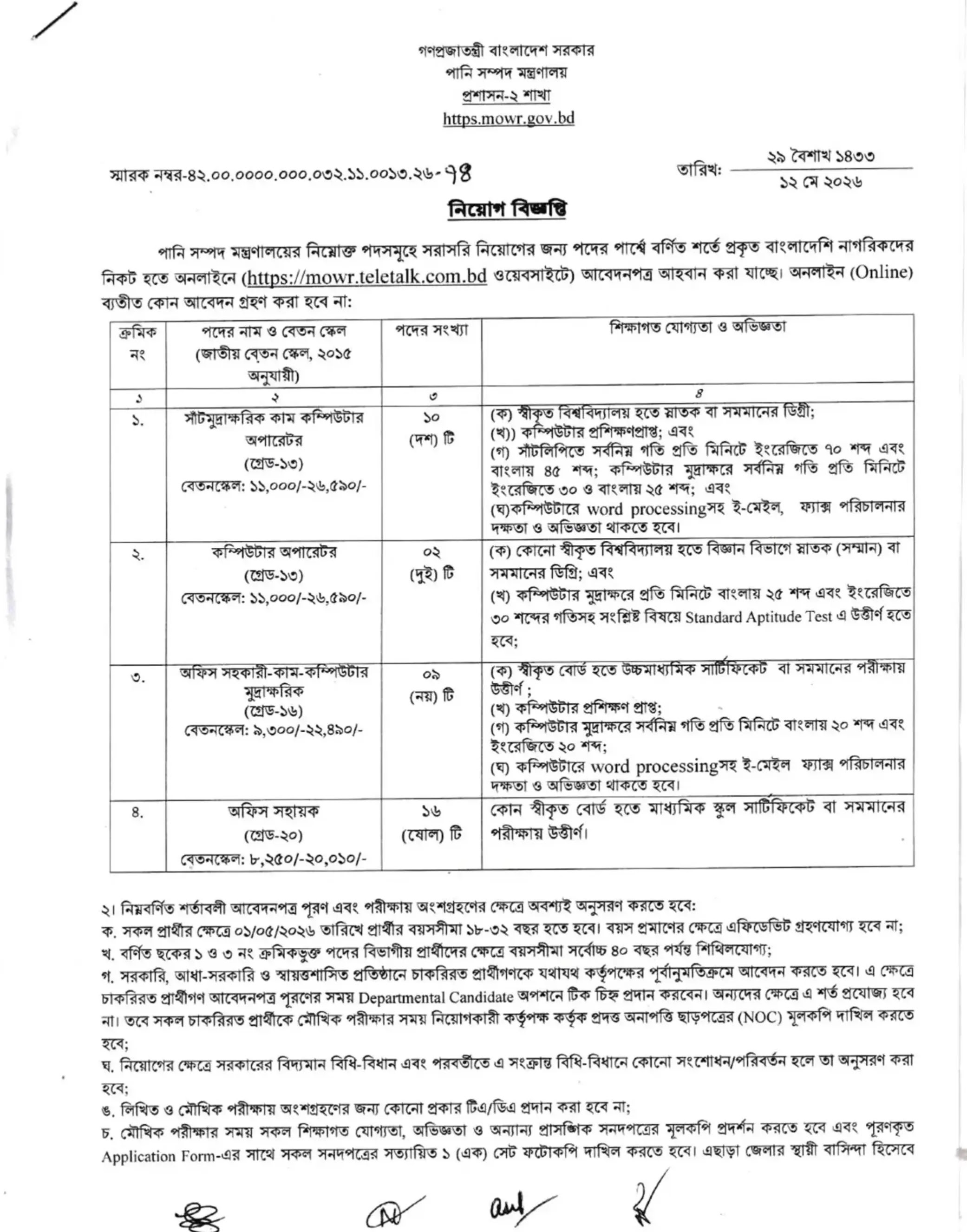 পানি সম্পদ মন্ত্রণালয় নিয়োগ বিজ্ঞপ্তি ২০২৬ - Circular 1