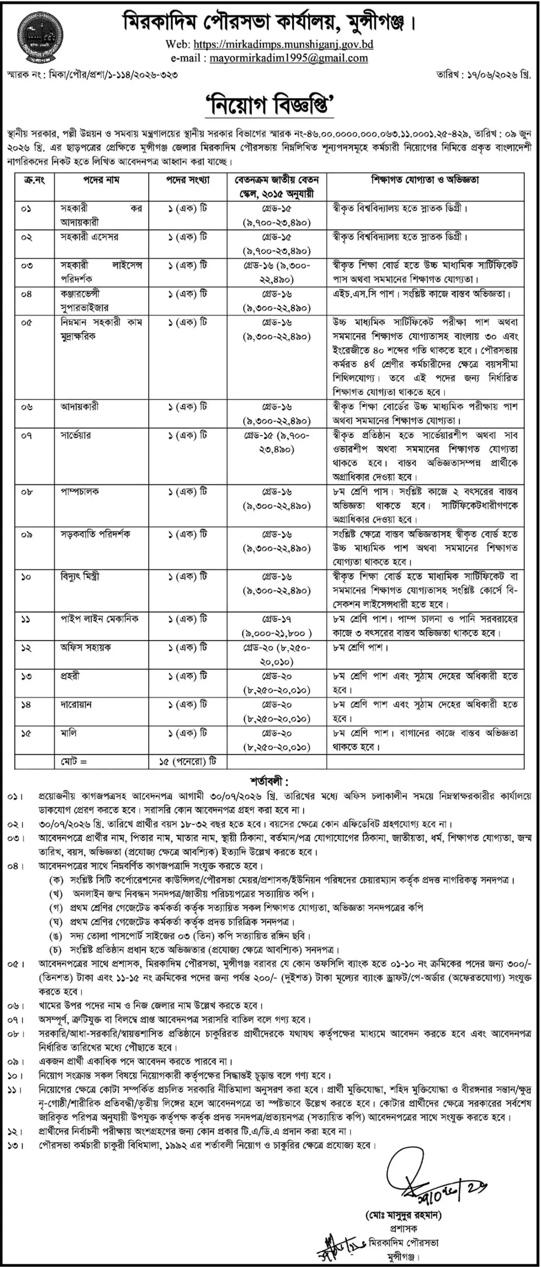 পৌরসভা কার্যালয় নিয়োগ বিজ্ঞপ্তি - Circular 1