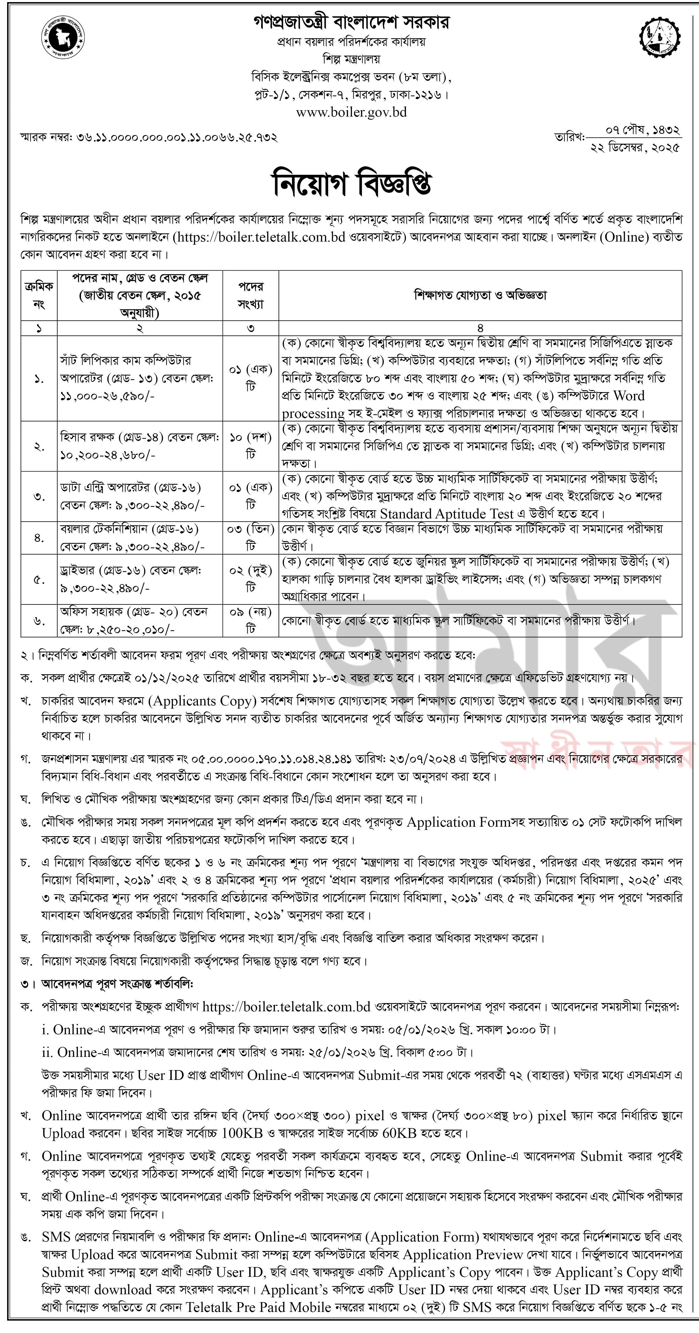 প্রধান বয়লার পরিদর্শকের কার্যালয় নিয়োগ বিজ্ঞপ্তি - Circular 1