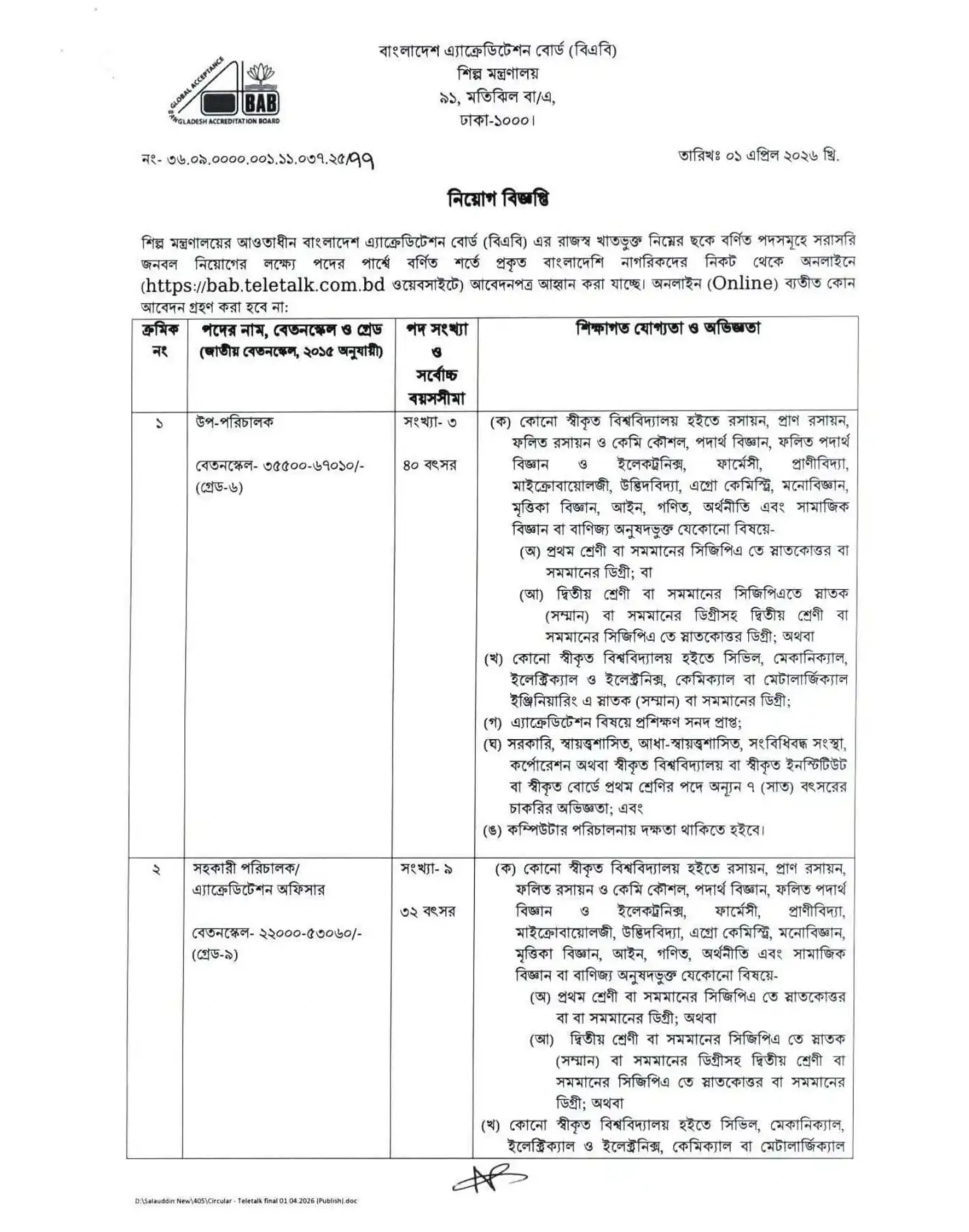 বাংলাদেশ এ্যাক্রেডিটেশন বোর্ড নিয়োগ বিজ্ঞপ্তি - Circular 1