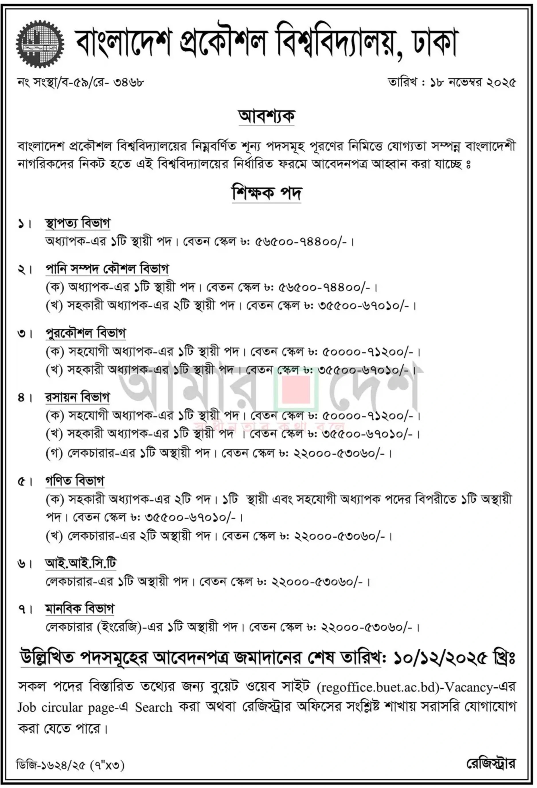 বাংলাদেশ প্রকৌশল বিশ্ববিদ্যালয় নিয়োগ বিজ্ঞপ্তি - Circular 1