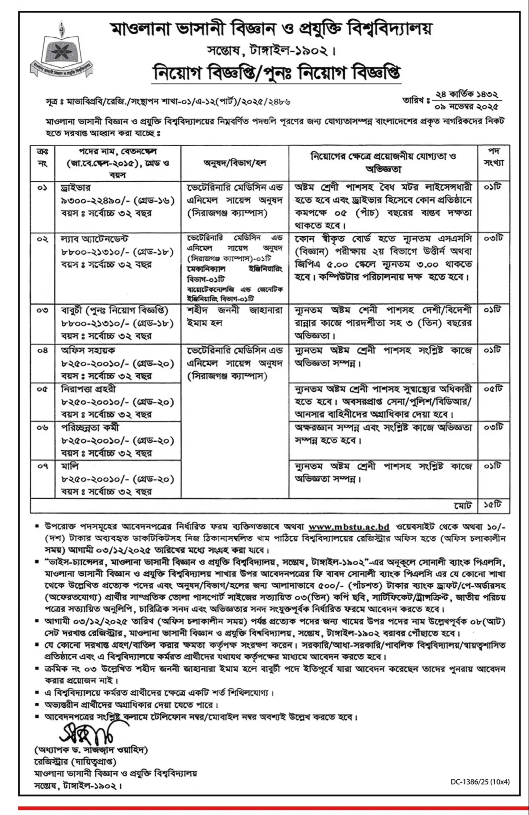 মাওলানা ভাসানী বিজ্ঞান ও প্রযুক্তি বিশ্ববিদ্যালয় নিয়োগ বিজ্ঞপ্তি - Circular 1