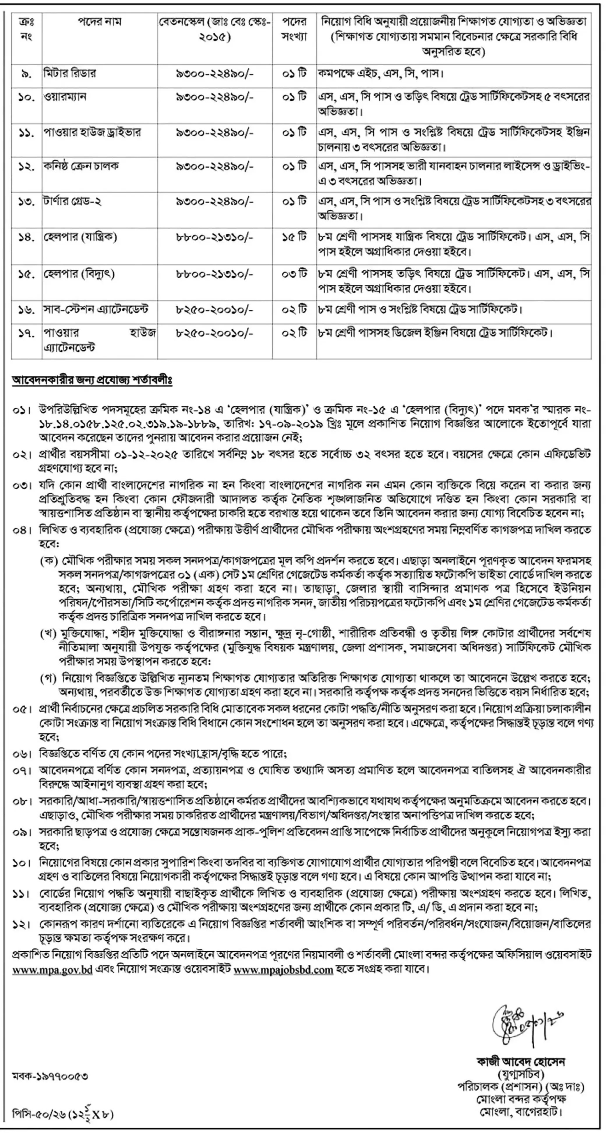 মোংলা বন্দর কর্তৃপক্ষ নিয়োগ বিজ্ঞপ্তি - Circular 2