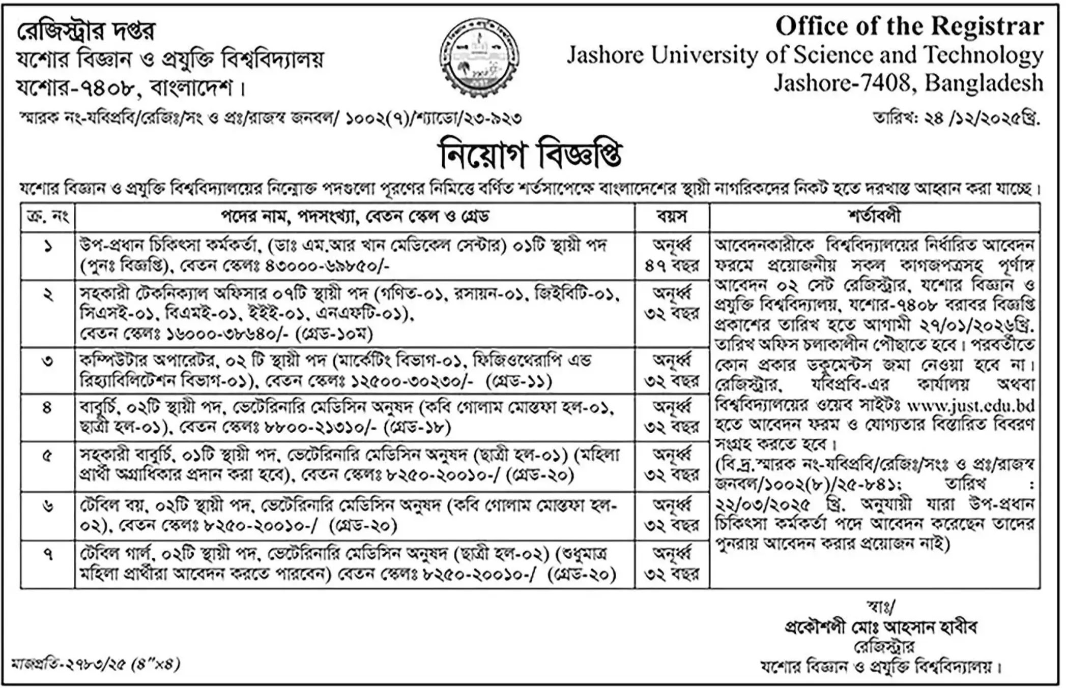 যশোর বিজ্ঞান ও প্রযুক্তি বিশ্ববিদ্যালয় নিয়োগ বিজ্ঞপ্তি - Circular 1