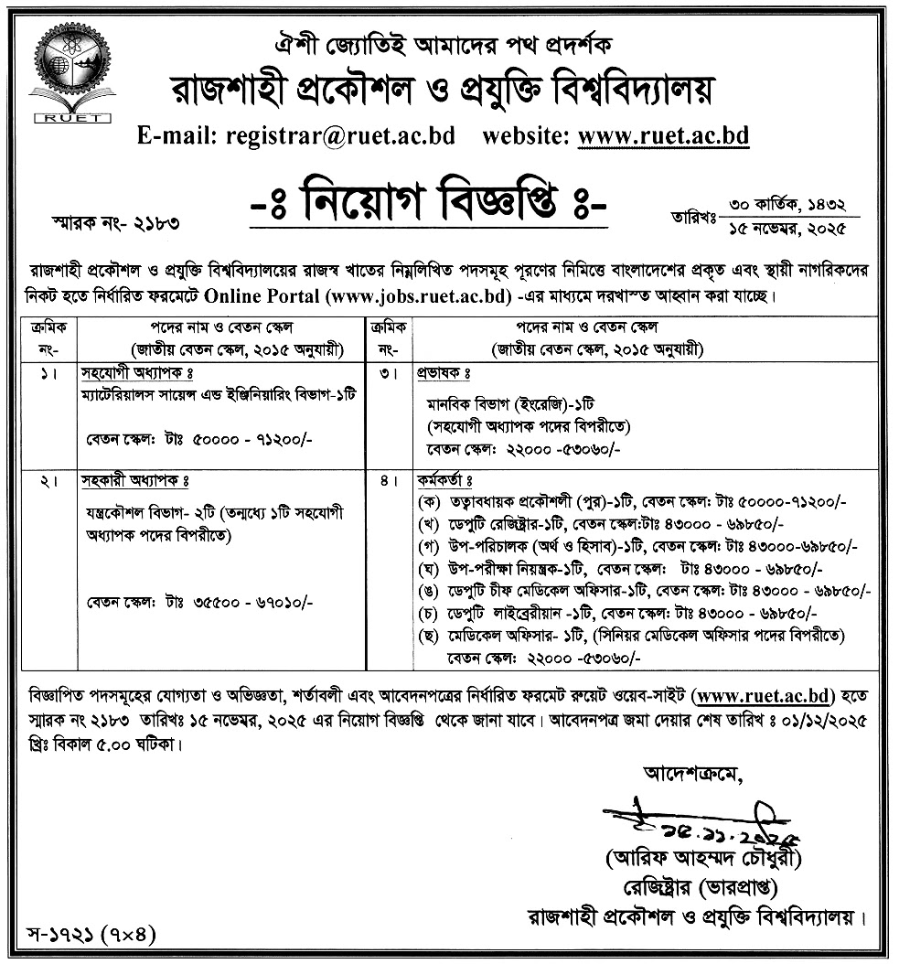 রাজশাহী প্রকৌশল ও প্রযুক্তি বিশ্ববিদ্যালয় (রুয়েট) নিয়োগ বিজ্ঞপ্তি - Circular 1
