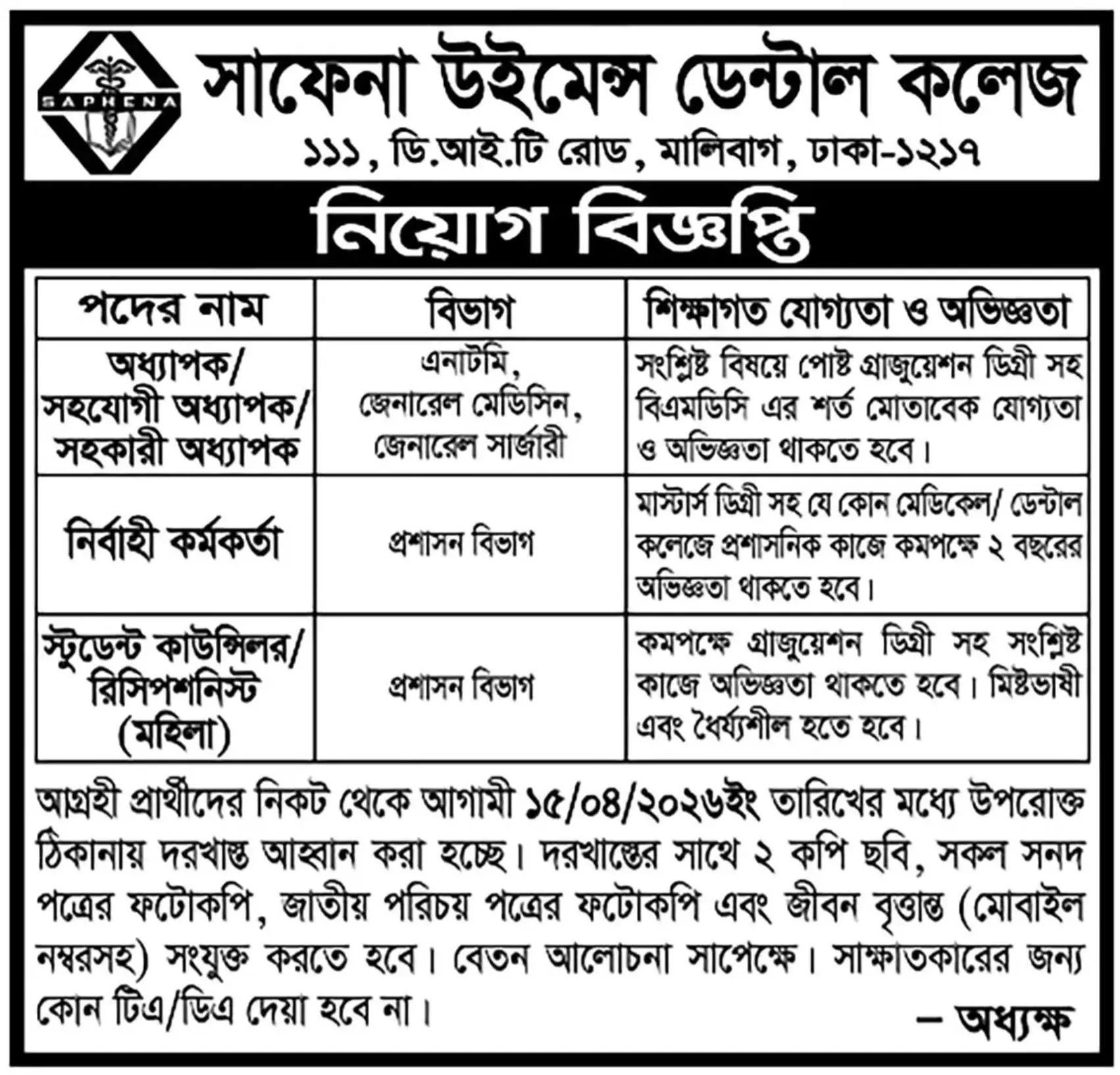 সকল মেডিকেল কলেজ ও হাসপাতাল নিয়োগ বিজ্ঞপ্তি - Circular 1