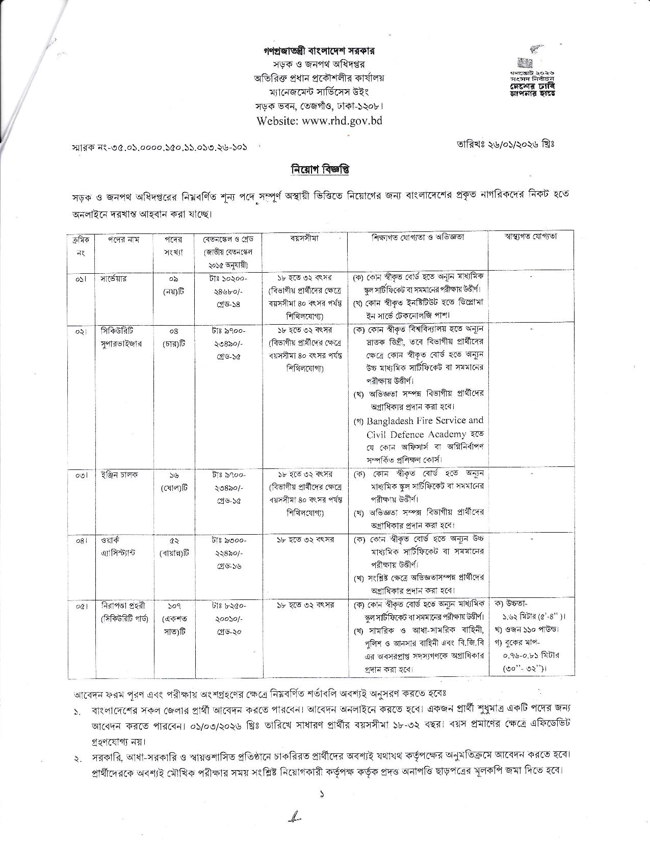 সড়ক ও জনপথ অধিদপ্তর নিয়োগ বিজ্ঞপ্তি - Circular 1