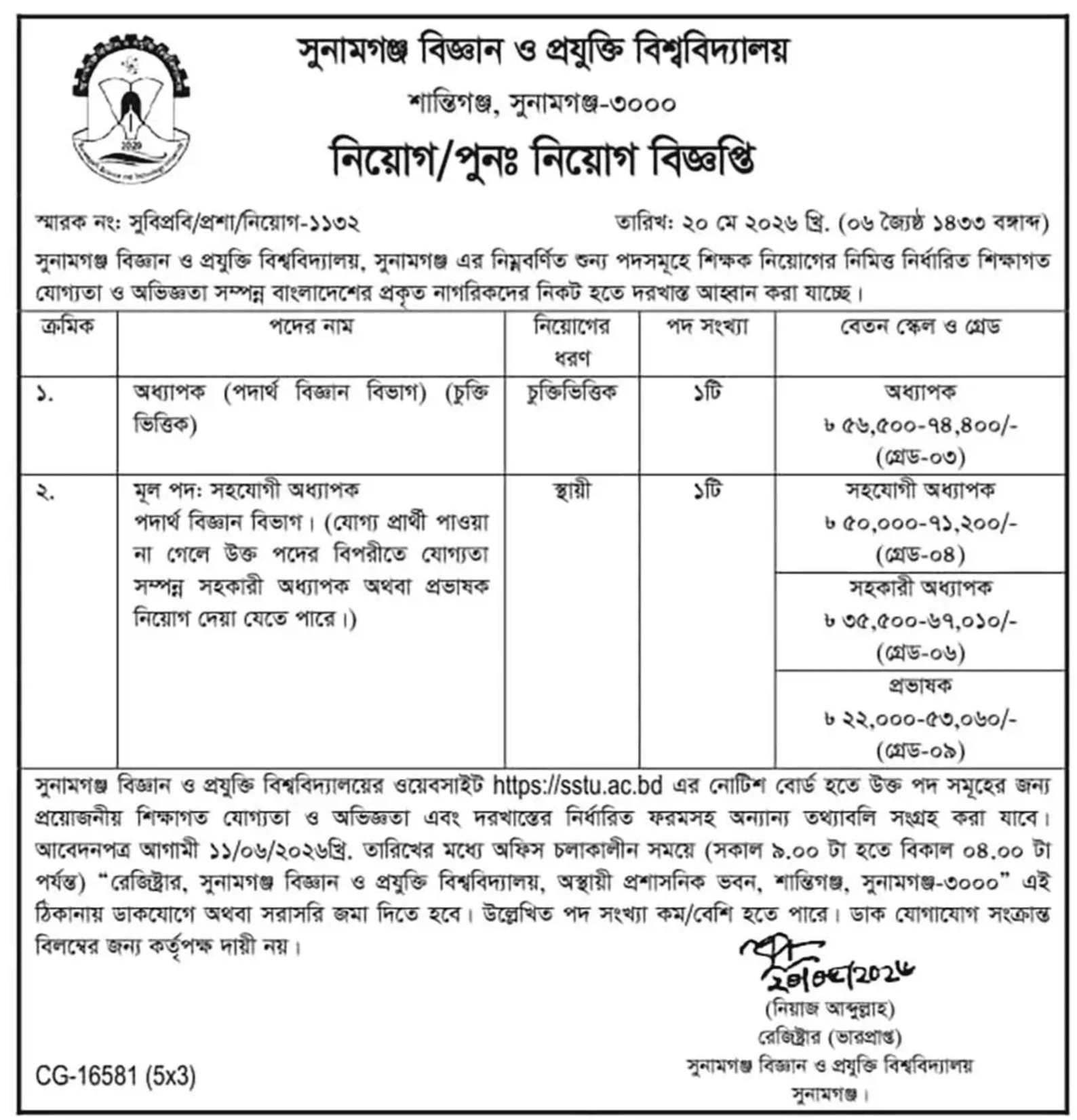 সুনামগঞ্জ বিজ্ঞান ও প্রযুক্তি বিশ্ববিদ্যালয় নিয়োগ বিজ্ঞপ্তি - Circular 1