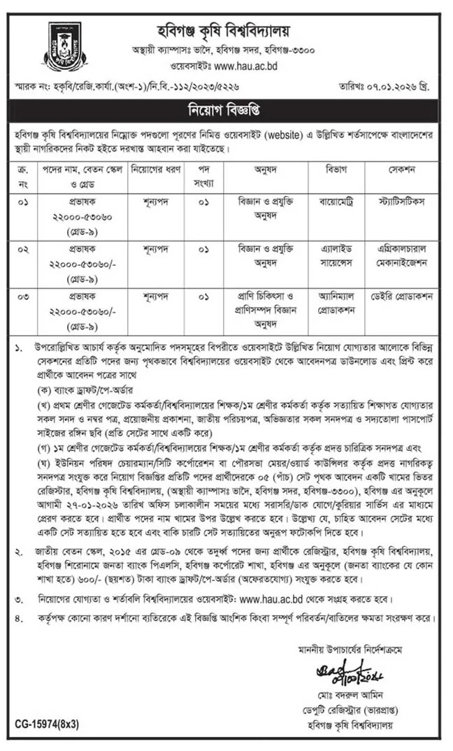 হবিগঞ্জ কৃষি বিশ্ববিদ্যালয় নিয়োগ বিজ্ঞপ্তি - Circular 1